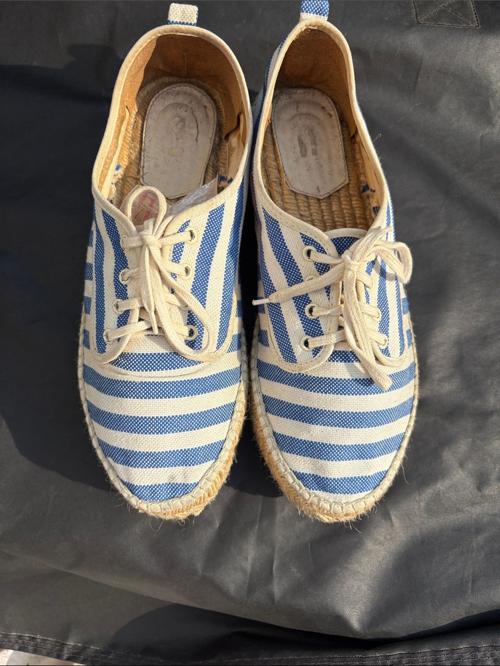 Loeffler Randall Blue and Cream Striped Canvas Espadrilles with Lace-Up Front